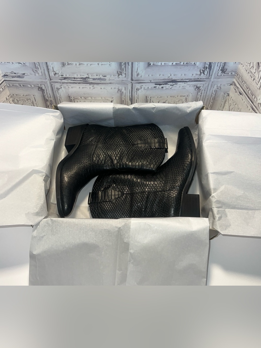 NIB Crown Vintage Black Snakeskin Embossed Leather Cowboy Boots - Women's 8 - Picture 14 of 16